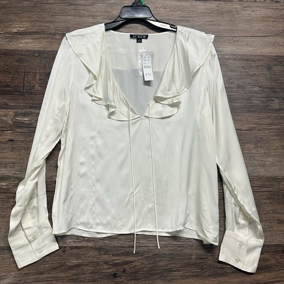 J. Crew Ivory Cream Blouse with V-Neck Cuffed Sleeves and Ruffled Tie Front - Picture 1 of 4